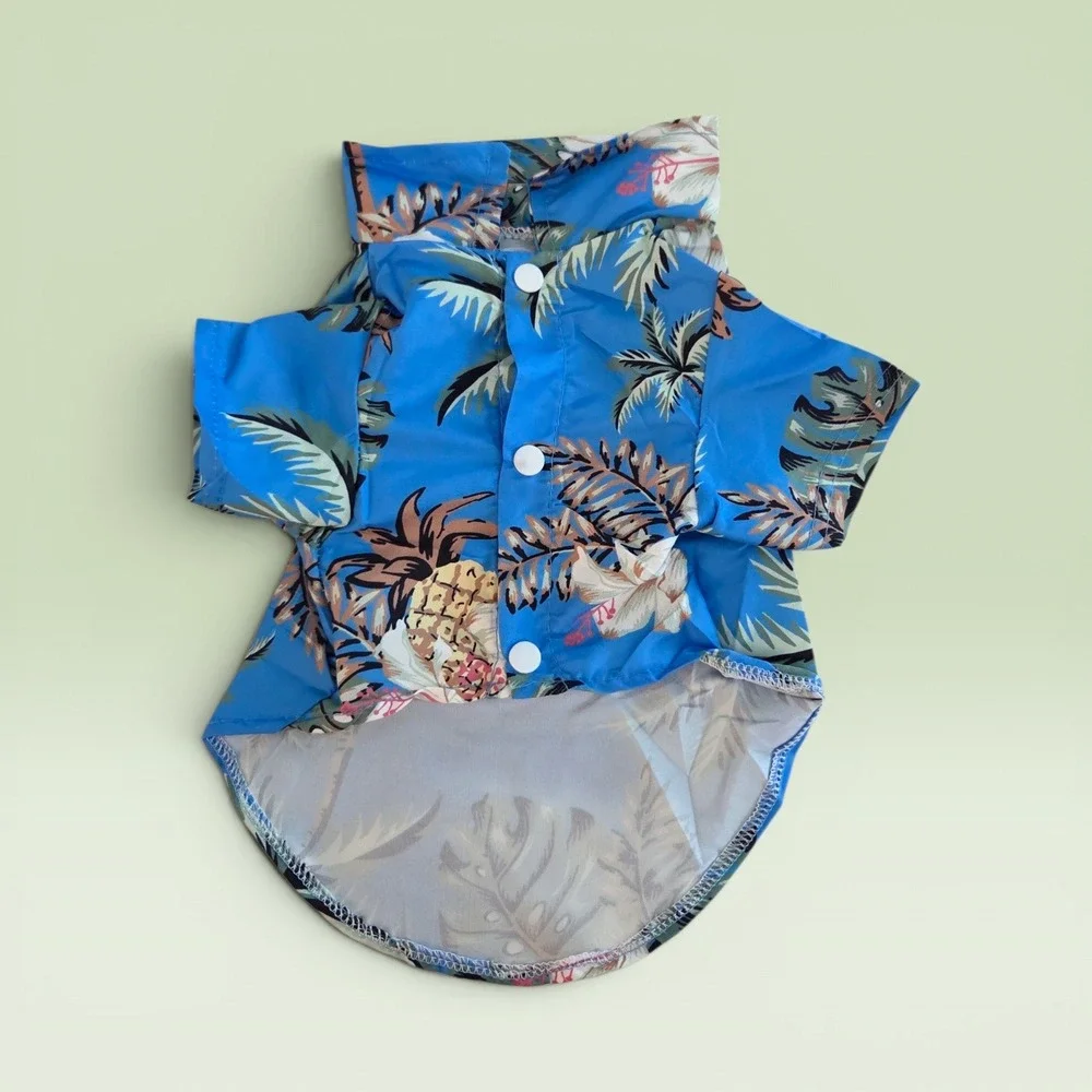 Blue Tropical Pineapple Hibiscus Print Pet Dog Shirt Small Hawaiian Aloha‎